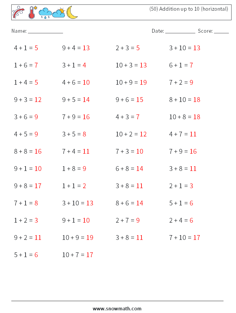 (50) Addition up to 10 (horizontal) Math Worksheets 9 Question, Answer