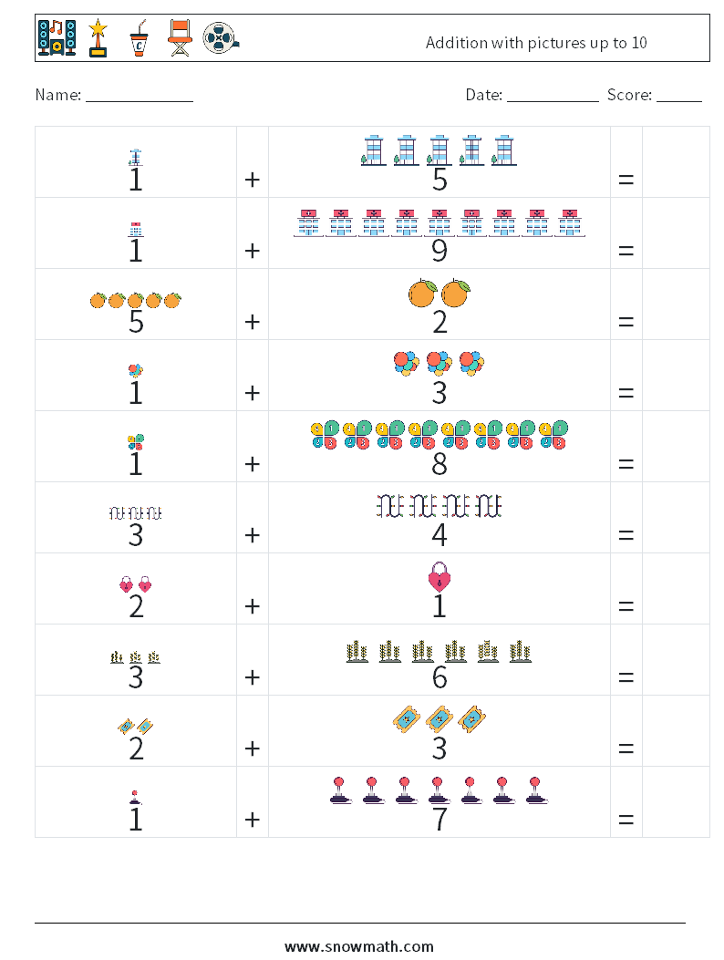 Addition with pictures up to 10 Math Worksheets 11