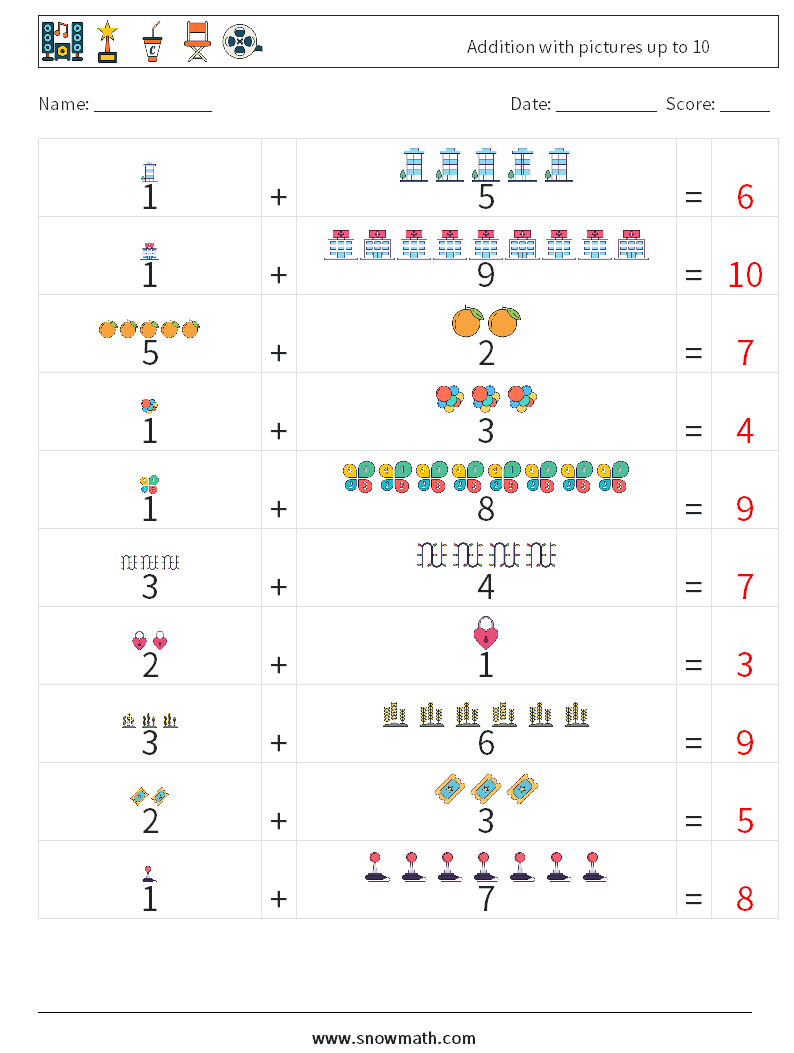 Addition with pictures up to 10 Math Worksheets 11 Question, Answer