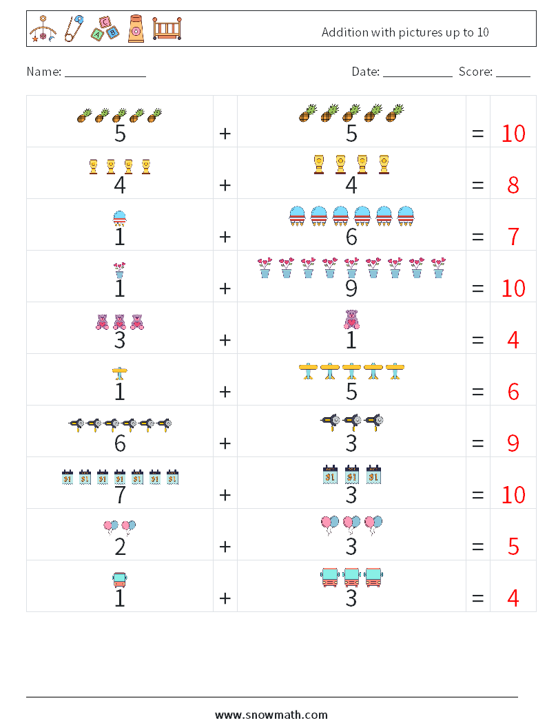 Addition with pictures up to 10 Math Worksheets 12 Question, Answer