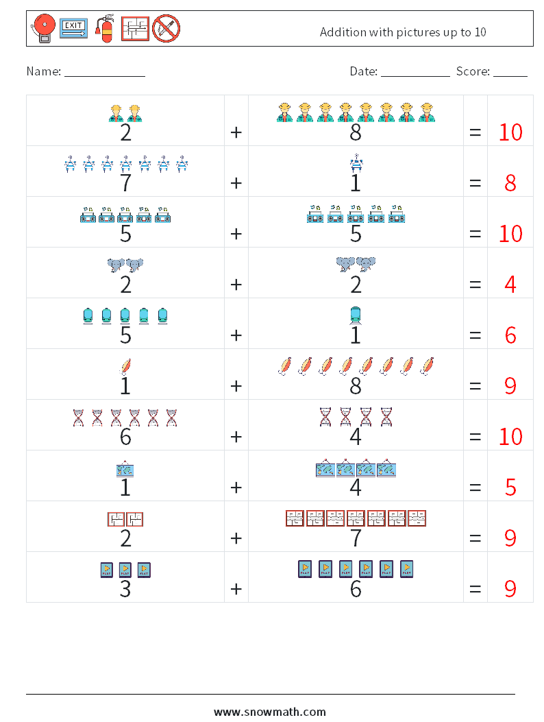 Addition with pictures up to 10 Math Worksheets 13 Question, Answer