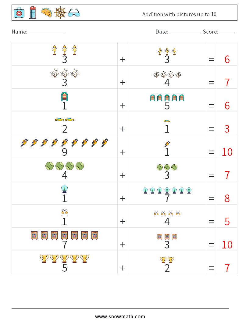 Addition with pictures up to 10 Math Worksheets 14 Question, Answer