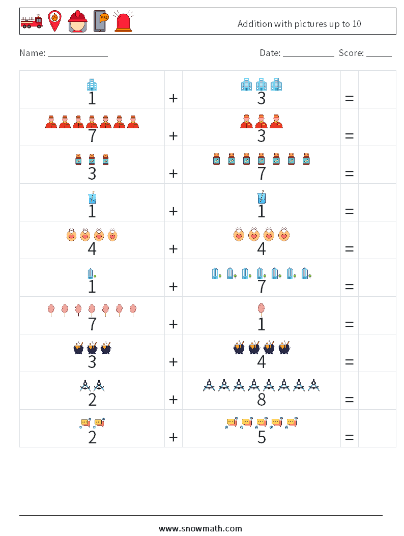 Addition with pictures up to 10 Math Worksheets 16