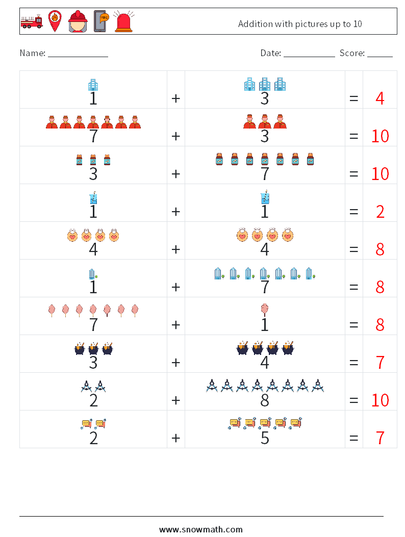 Addition with pictures up to 10 Math Worksheets 16 Question, Answer