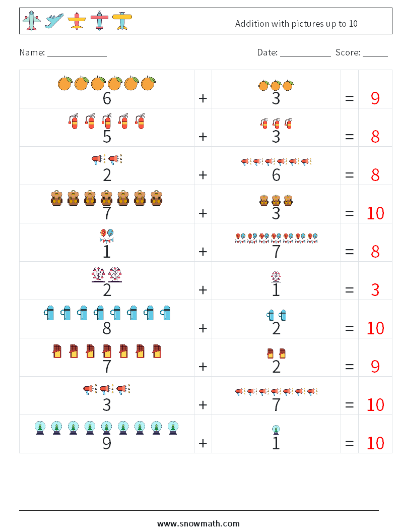 Addition with pictures up to 10 Math Worksheets 17 Question, Answer