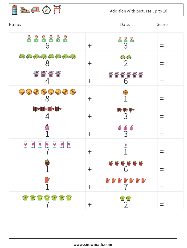 Addition with pictures up to 10 Math Worksheets 18