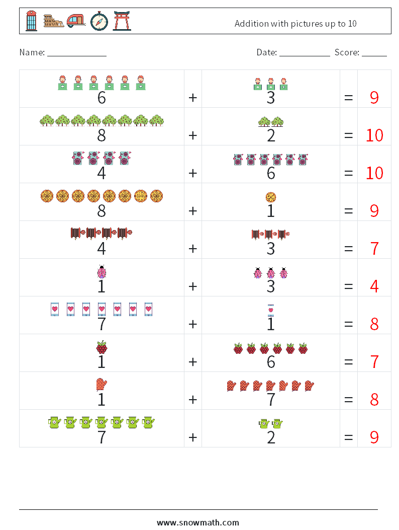 Addition with pictures up to 10 Math Worksheets 18 Question, Answer