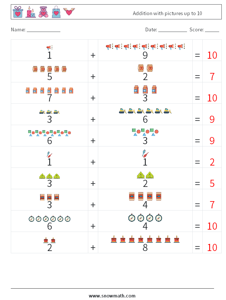 Addition with pictures up to 10 Math Worksheets 1 Question, Answer