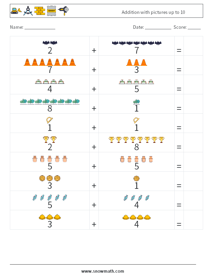 Addition with pictures up to 10 Math Worksheets 2