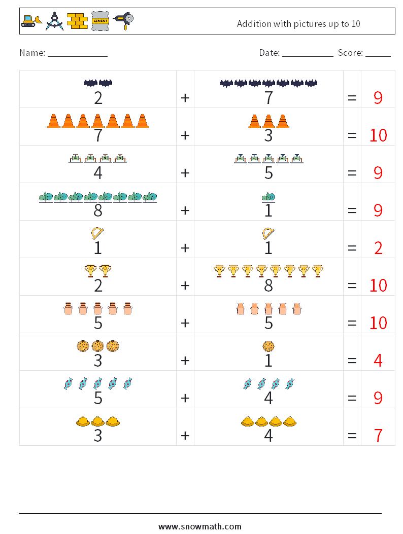 Addition with pictures up to 10 Math Worksheets 2 Question, Answer