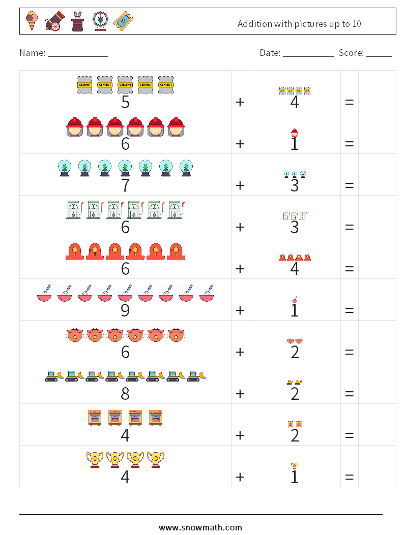 Addition with pictures up to 10 Math Worksheets 3