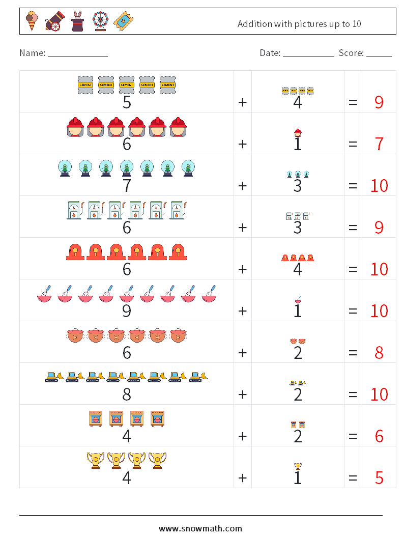 Addition with pictures up to 10 Math Worksheets 3 Question, Answer