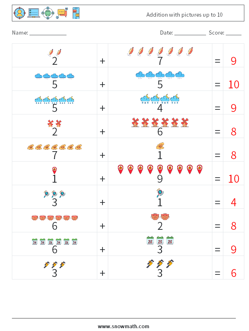 Addition with pictures up to 10 Math Worksheets 4 Question, Answer