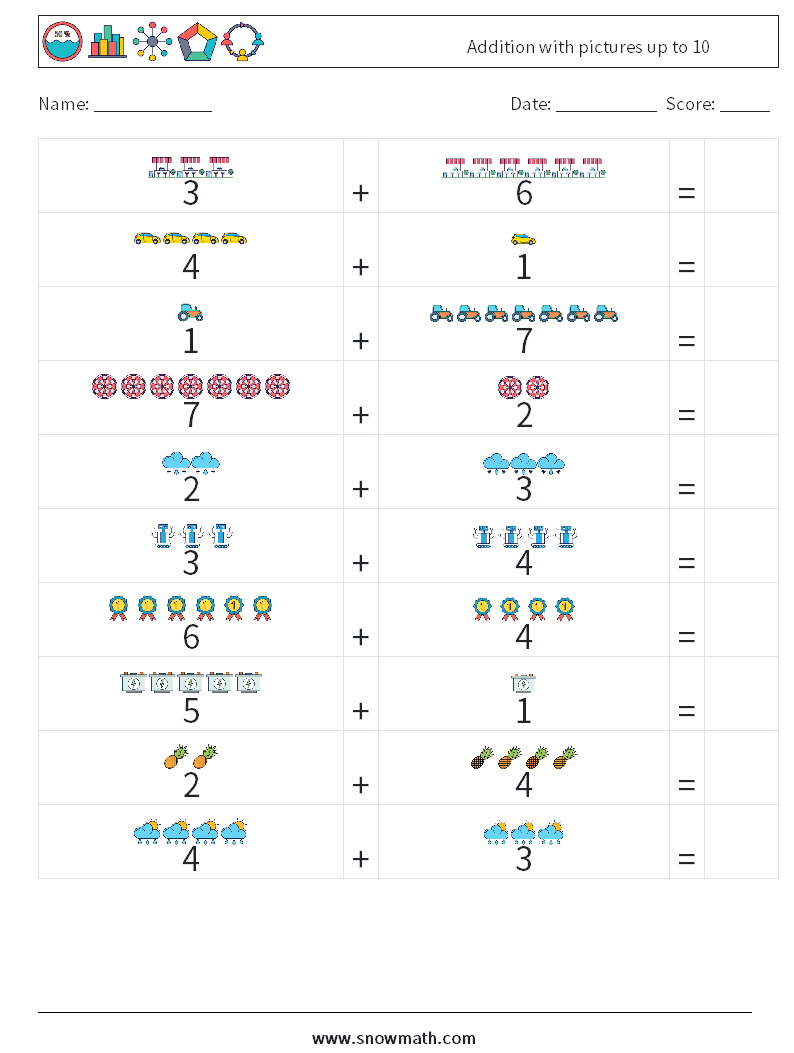 Addition with pictures up to 10 Math Worksheets 6