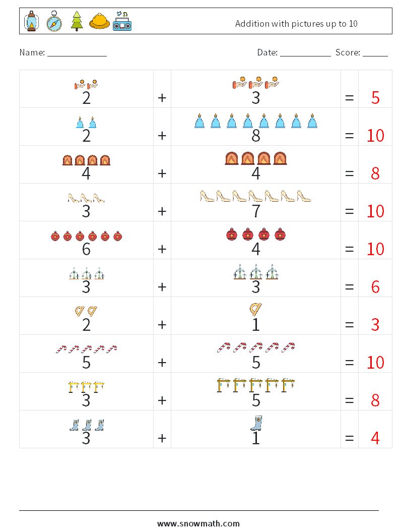 Addition with pictures up to 10 Math Worksheets 7 Question, Answer