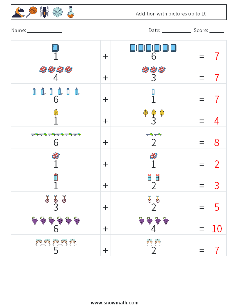 Addition with pictures up to 10 Math Worksheets 9 Question, Answer