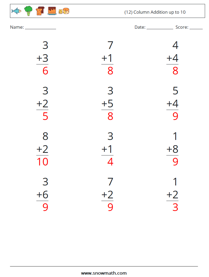 (12) Column Addition up to 10 Math Worksheets 1 Question, Answer