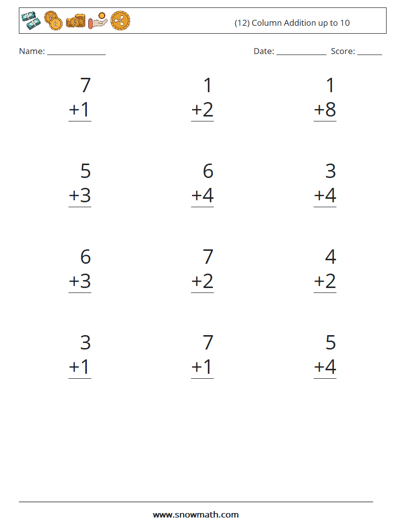 (12) Column Addition up to 10 Math Worksheets 2