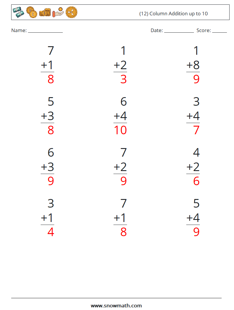 (12) Column Addition up to 10 Math Worksheets 2 Question, Answer