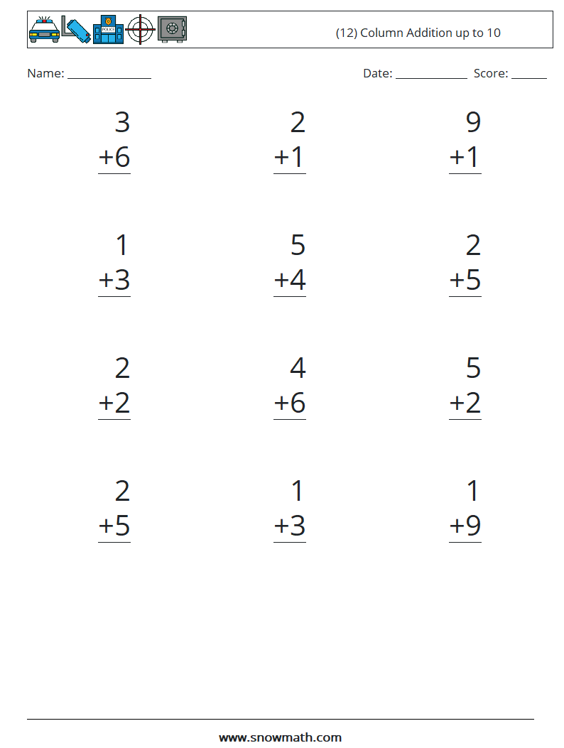 (12) Column Addition up to 10 Math Worksheets 3