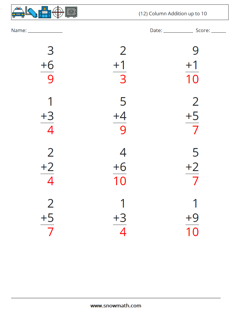 (12) Column Addition up to 10 Math Worksheets 3 Question, Answer