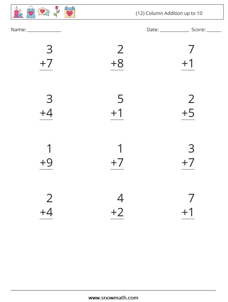 (12) Column Addition up to 10 Math Worksheets 4