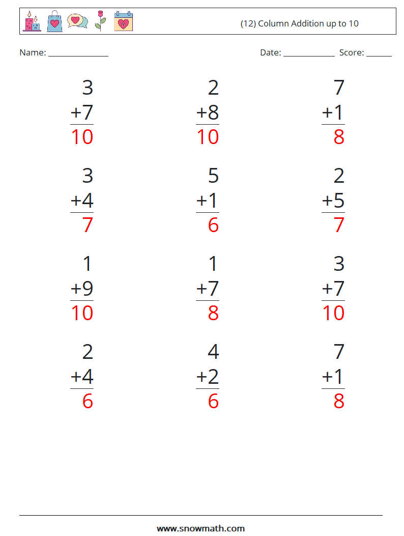 (12) Column Addition up to 10 Math Worksheets 4 Question, Answer