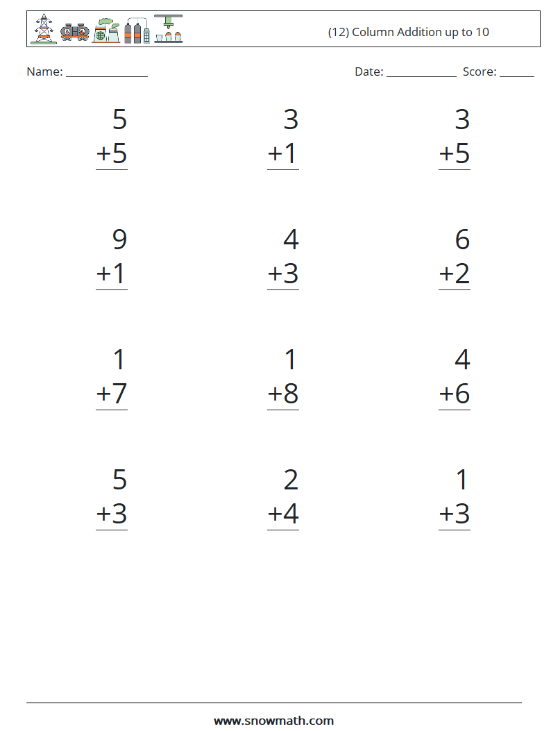 (12) Column Addition up to 10 Math Worksheets 6