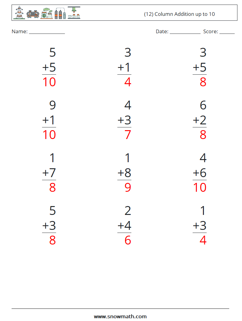 (12) Column Addition up to 10 Math Worksheets 6 Question, Answer