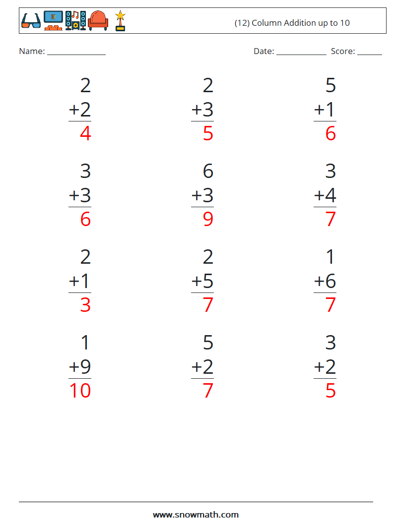 (12) Column Addition up to 10 Math Worksheets 7 Question, Answer