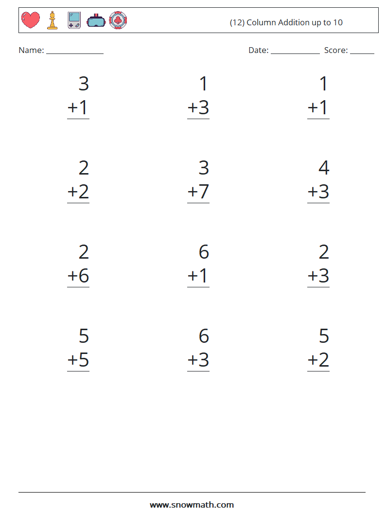 (12) Column Addition up to 10 Math Worksheets 8