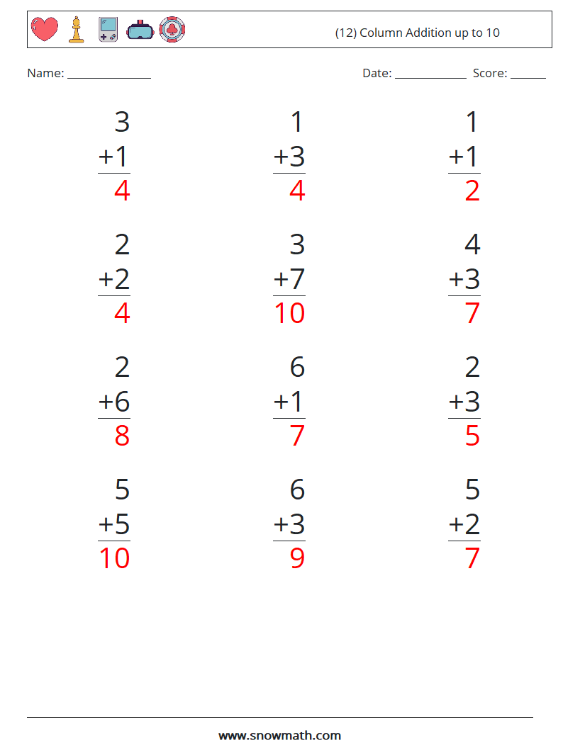 (12) Column Addition up to 10 Math Worksheets 8 Question, Answer