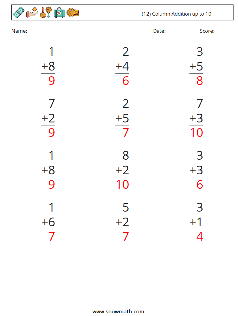 (12) Column Addition up to 10 Math Worksheets 9 Question, Answer