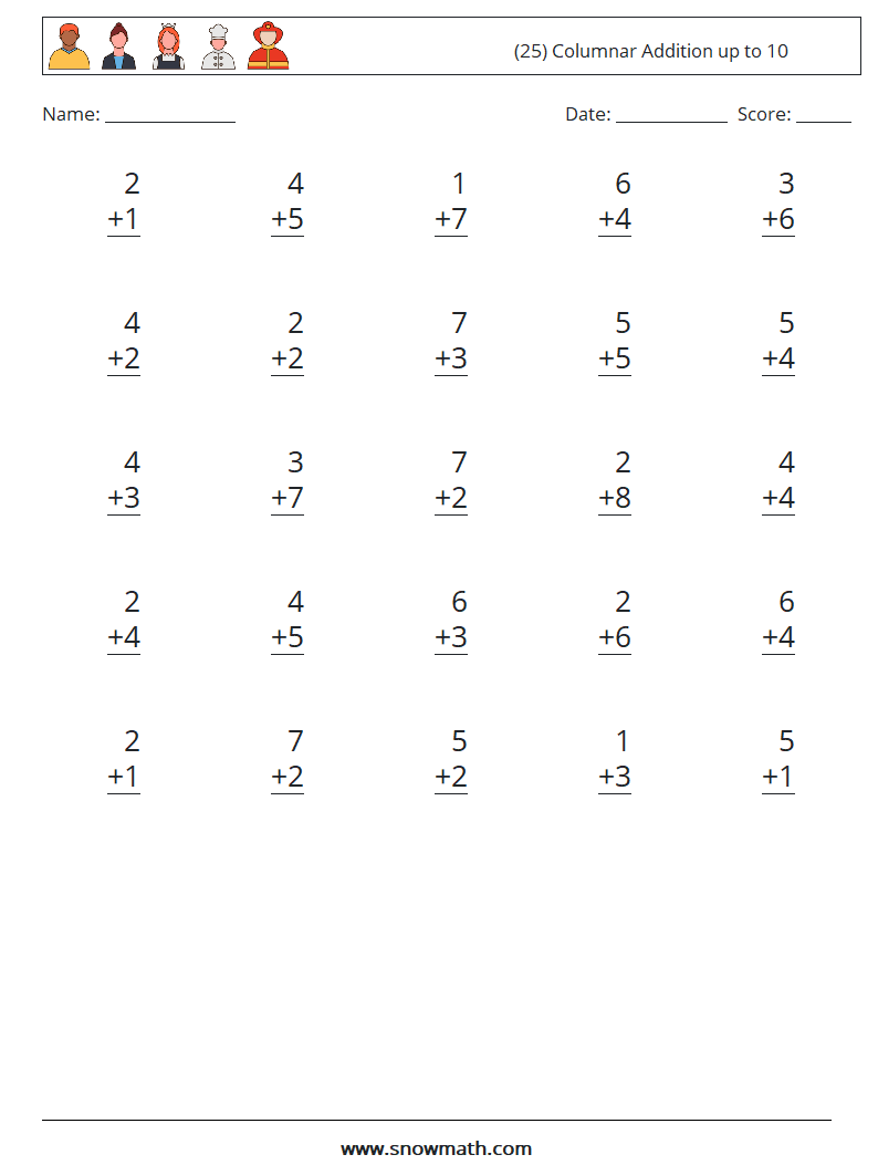(25) Columnar Addition up to 10 Math Worksheets 1