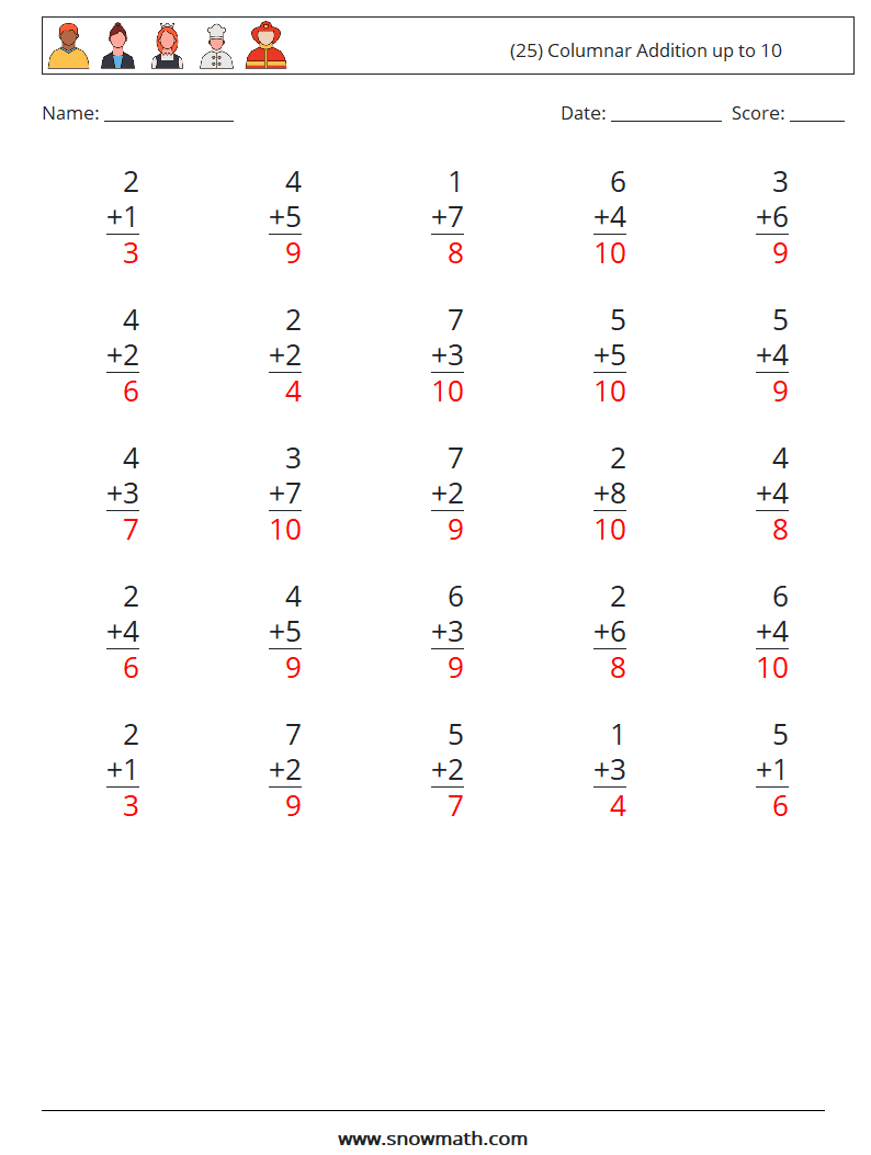 (25) Columnar Addition up to 10 Math Worksheets 1 Question, Answer