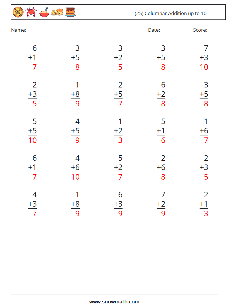 (25) Columnar Addition up to 10 Math Worksheets 2 Question, Answer