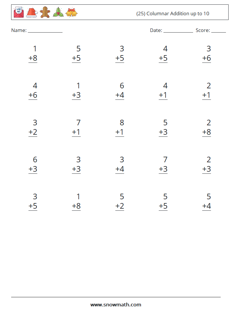 (25) Columnar Addition up to 10 Math Worksheets 4