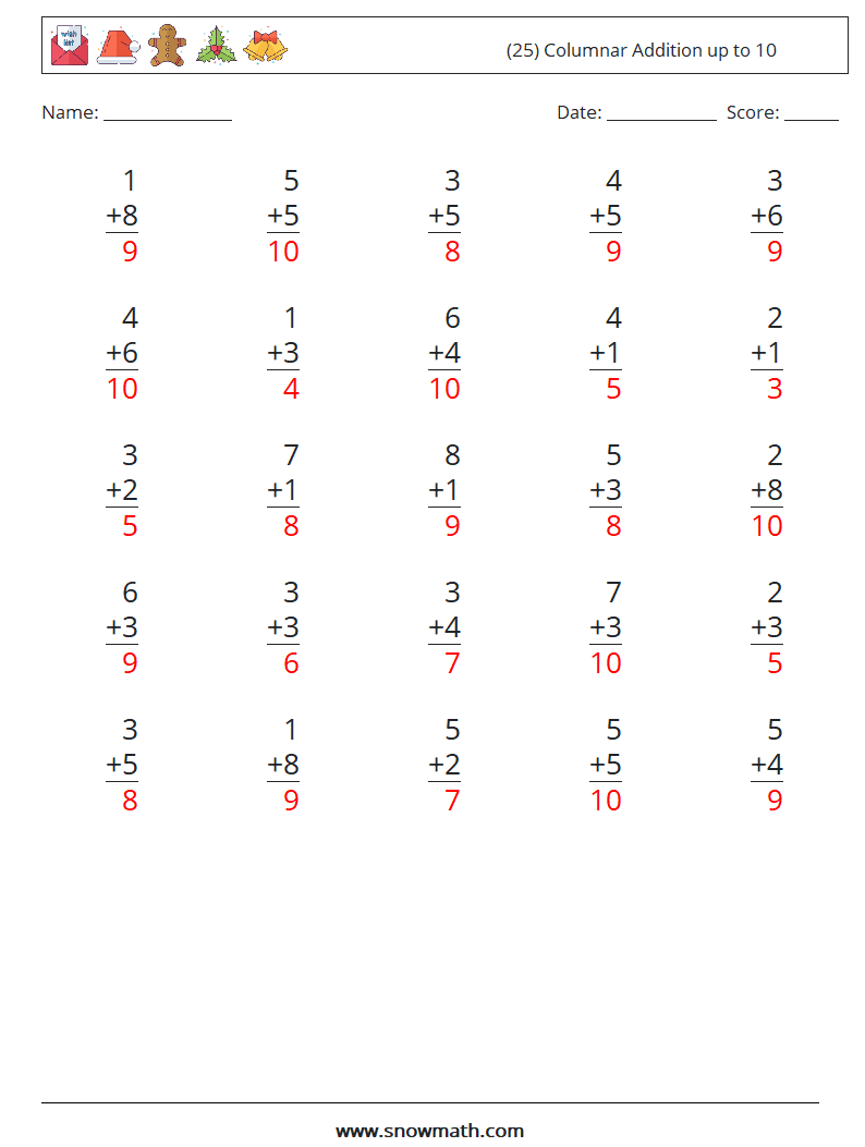 (25) Columnar Addition up to 10 Math Worksheets 4 Question, Answer