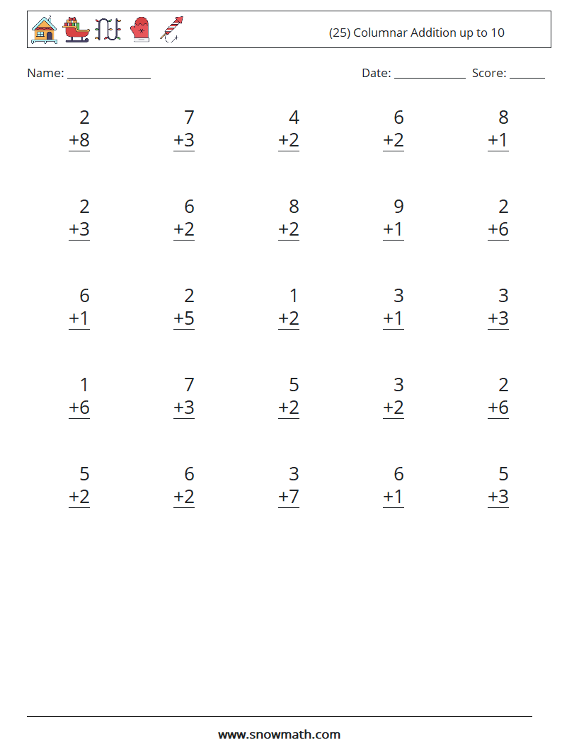 (25) Columnar Addition up to 10 Math Worksheets 5