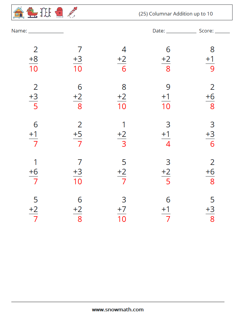 (25) Columnar Addition up to 10 Math Worksheets 5 Question, Answer