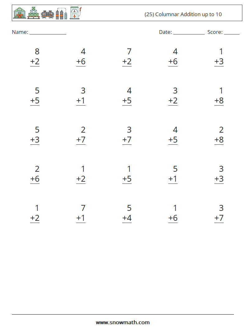 (25) Columnar Addition up to 10 Math Worksheets 6