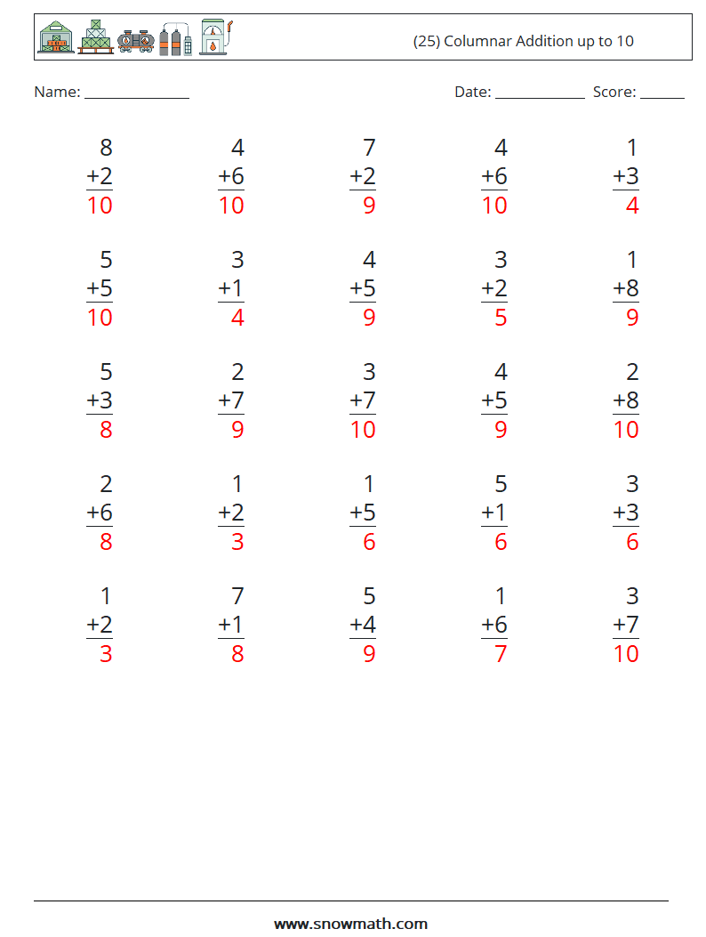 (25) Columnar Addition up to 10 Math Worksheets 6 Question, Answer