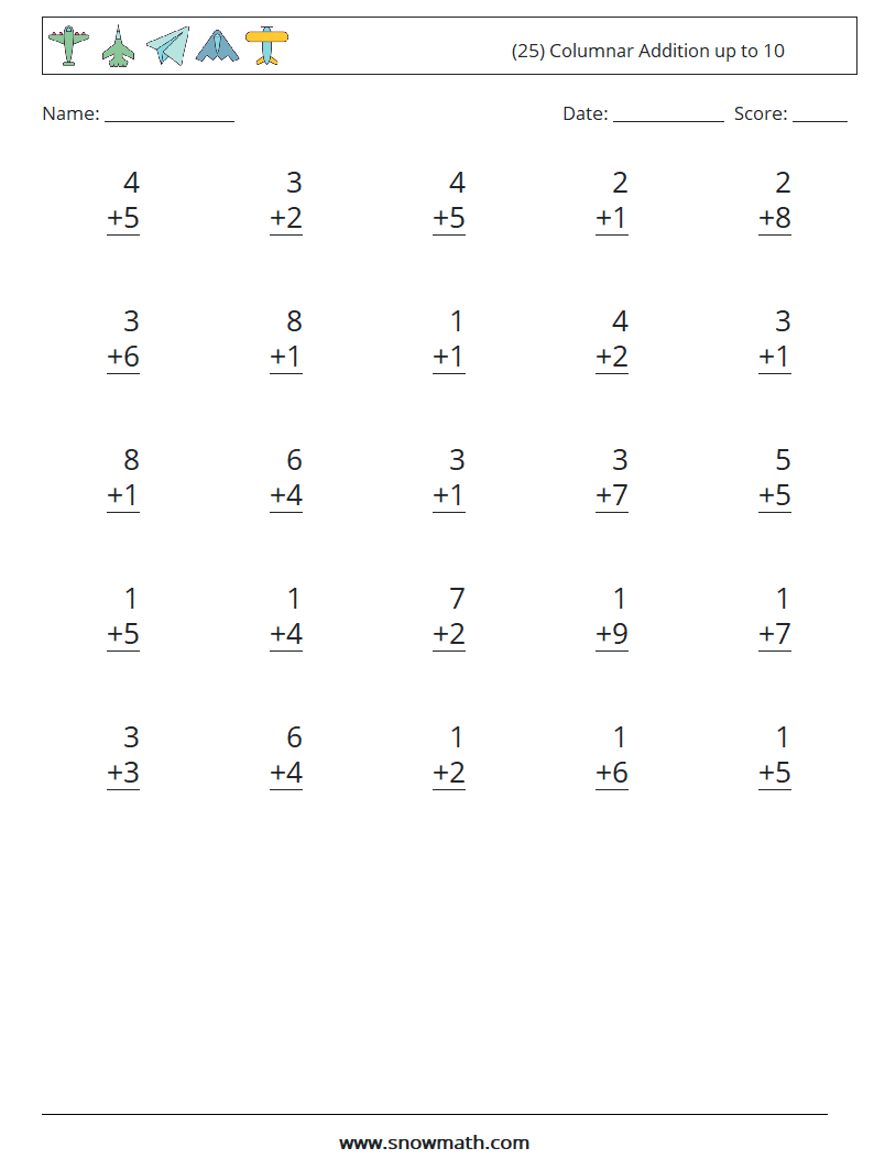 (25) Columnar Addition up to 10 Math Worksheets 7