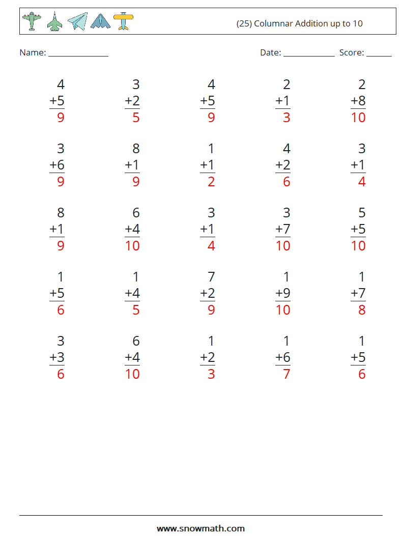 (25) Columnar Addition up to 10 Math Worksheets 7 Question, Answer