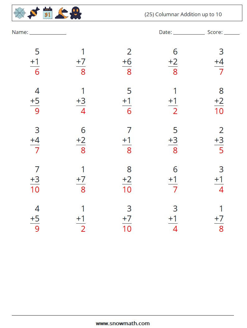 (25) Columnar Addition up to 10 Math Worksheets 8 Question, Answer