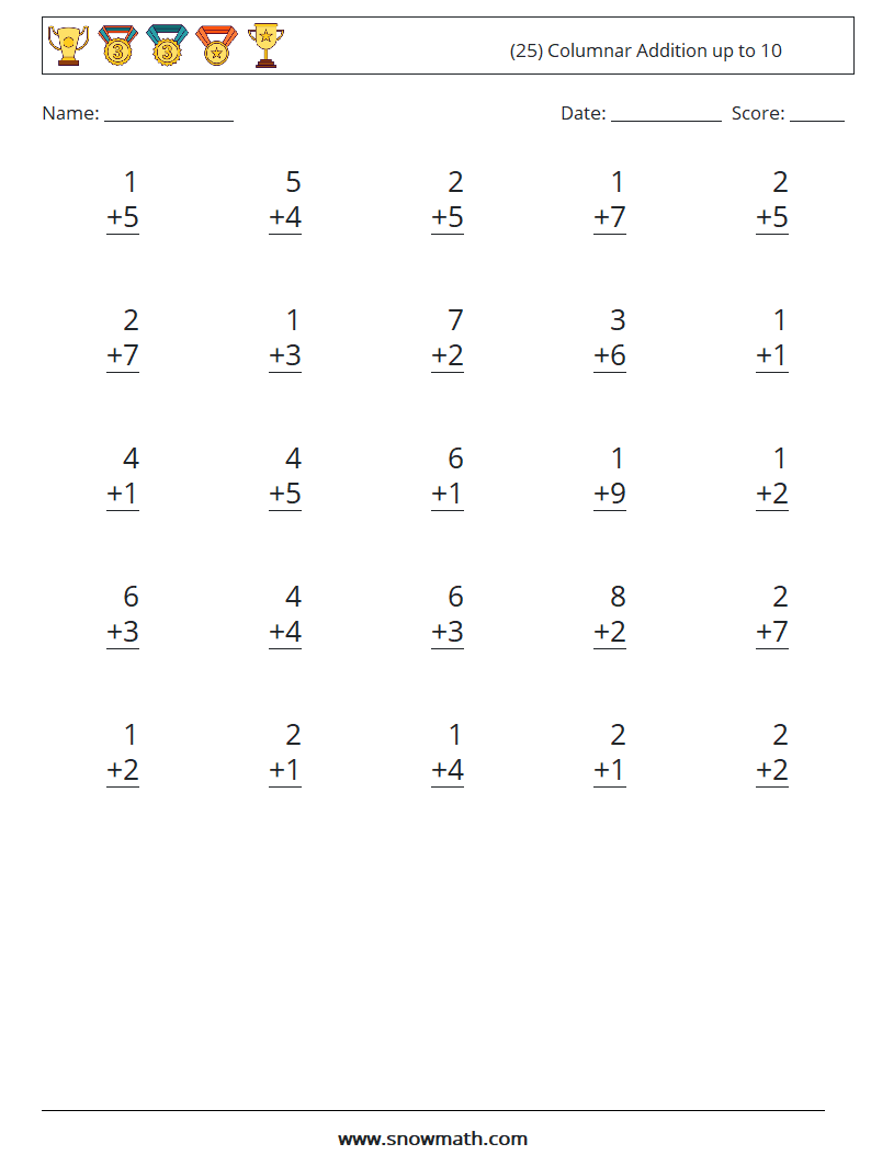 (25) Columnar Addition up to 10 Math Worksheets 9