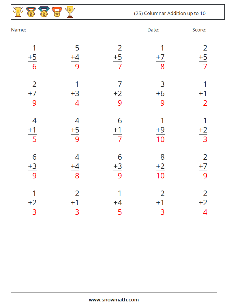 (25) Columnar Addition up to 10 Math Worksheets 9 Question, Answer