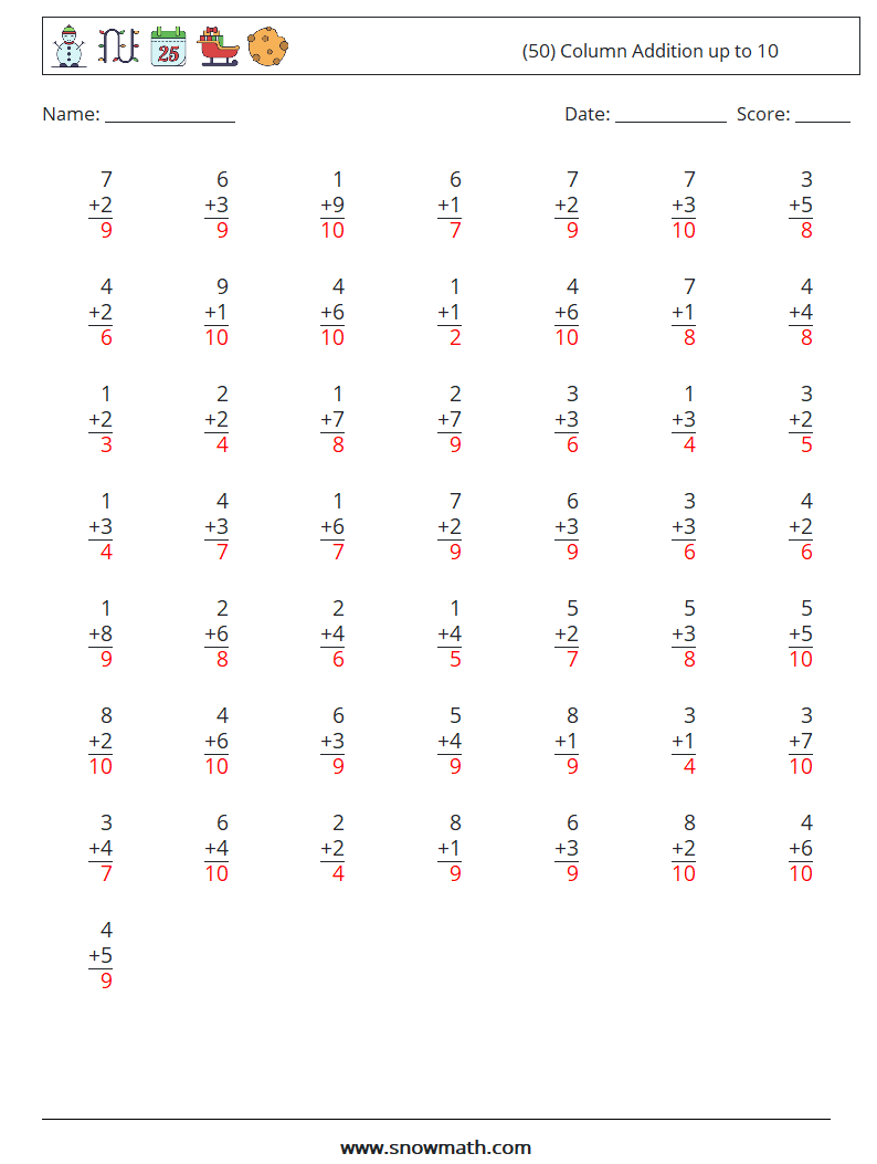 (50) Column Addition up to 10 Math Worksheets 1 Question, Answer