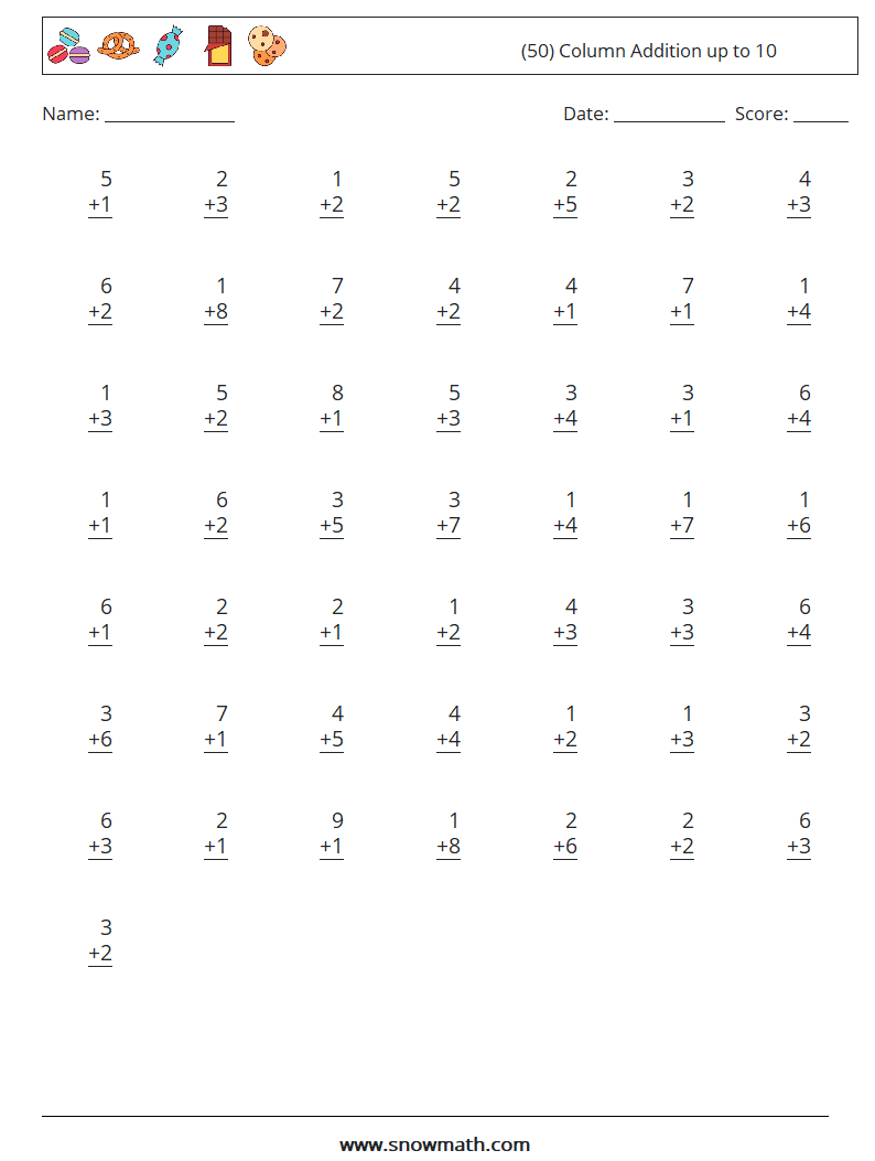 (50) Column Addition up to 10 Math Worksheets 2