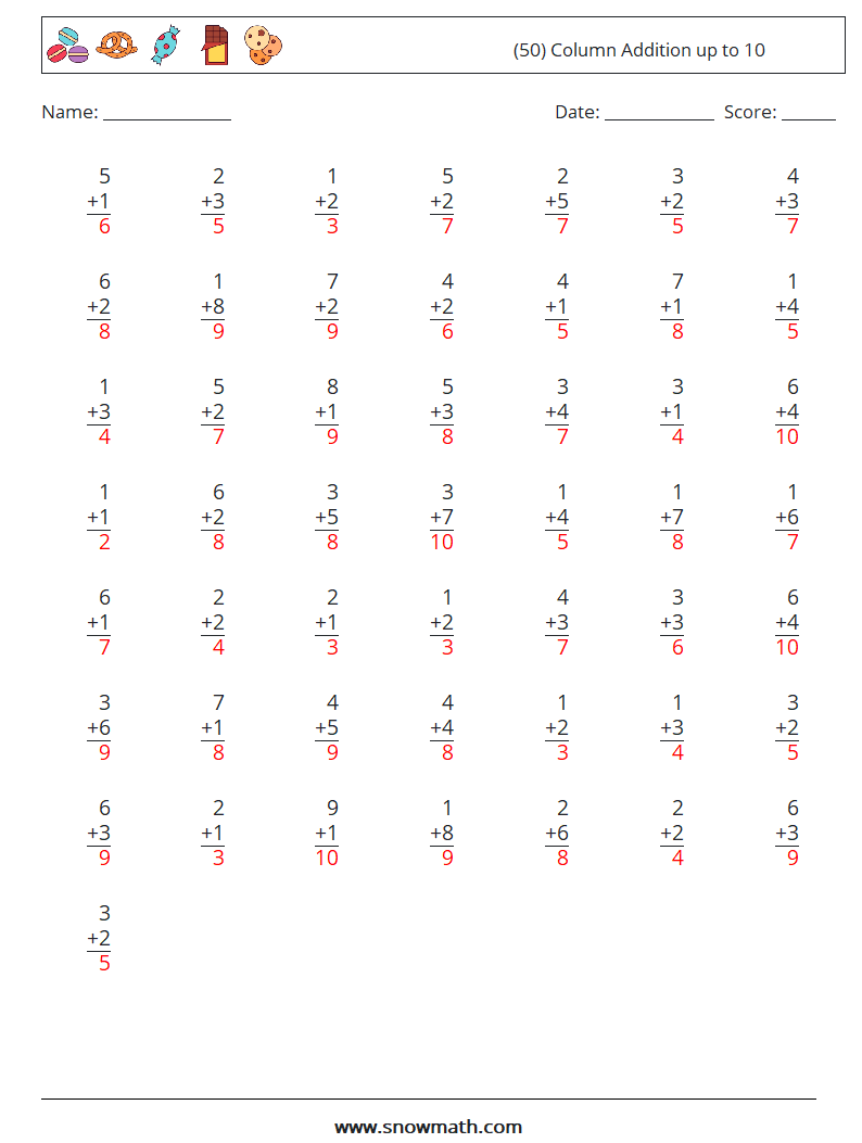 (50) Column Addition up to 10 Math Worksheets 2 Question, Answer